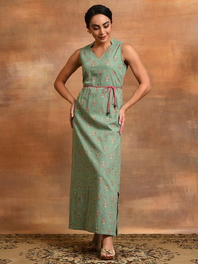 Sea Green Floral Print A-Line Maxi Dress