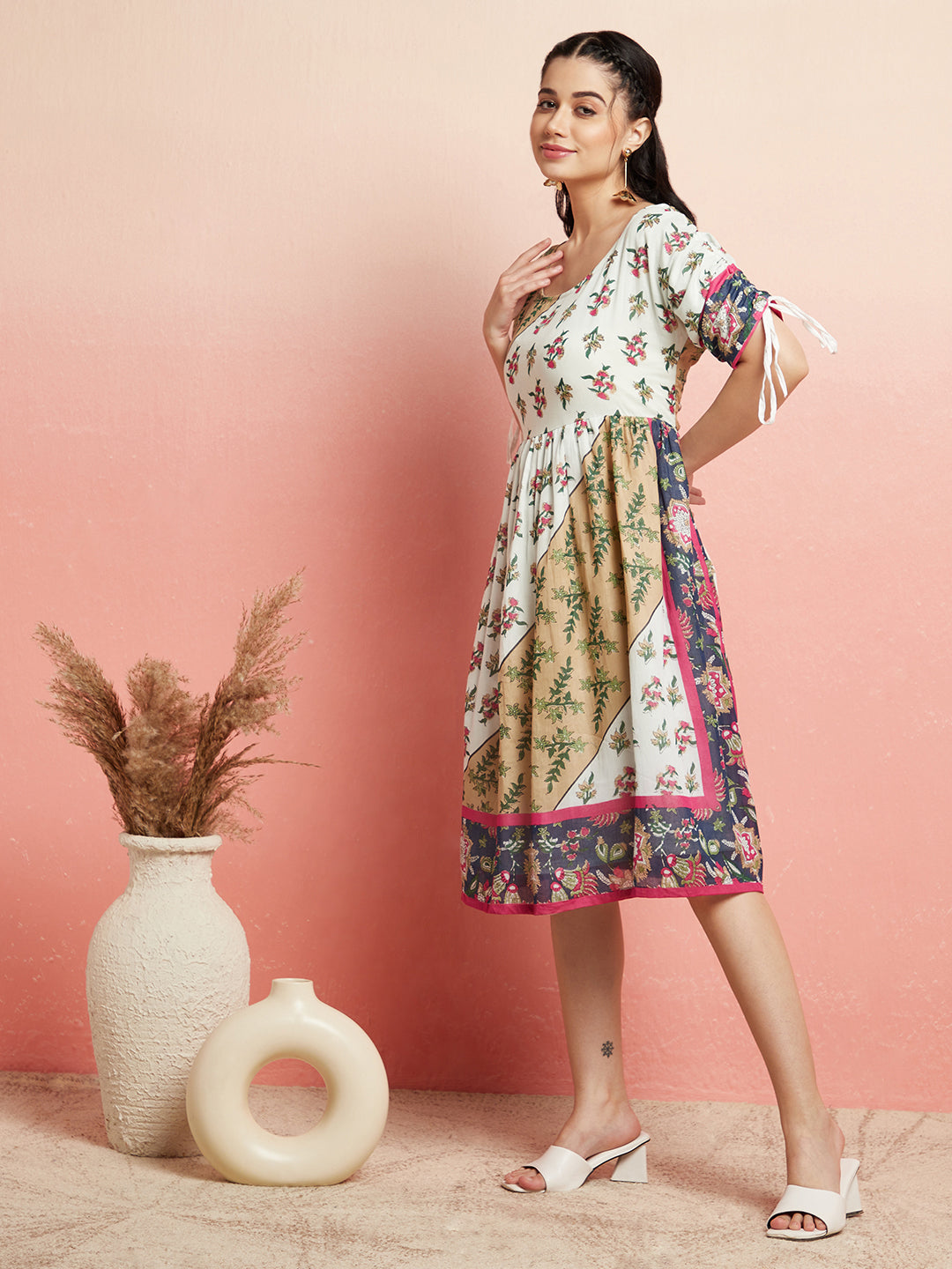 Multicolor Floral Print Gathered Dress