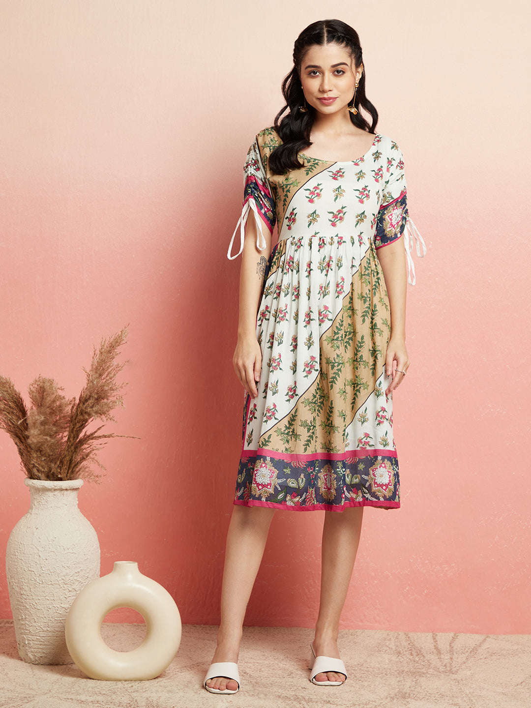 Multicolor Floral Print Gathered Dress
