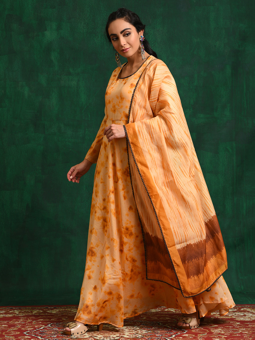 Cream Tie & Dye backless Maxi Dress With Dupatta