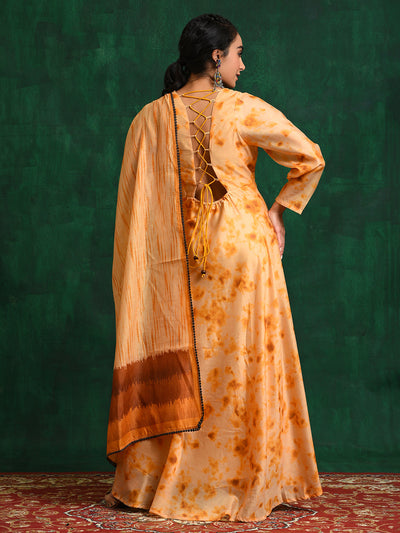 Cream Tie & Dye backless Maxi Dress With Dupatta