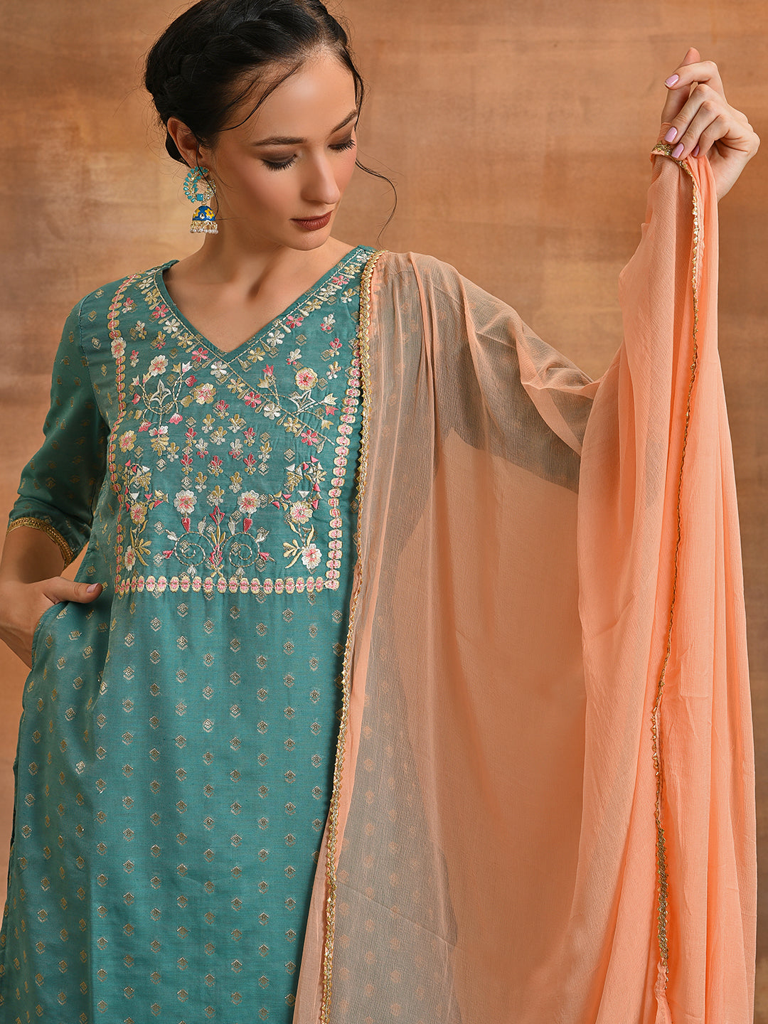 Green Embroidered Kurta Pant With Dupatta