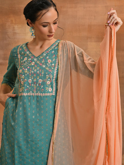 Green Embroidered Kurta Pant With Dupatta