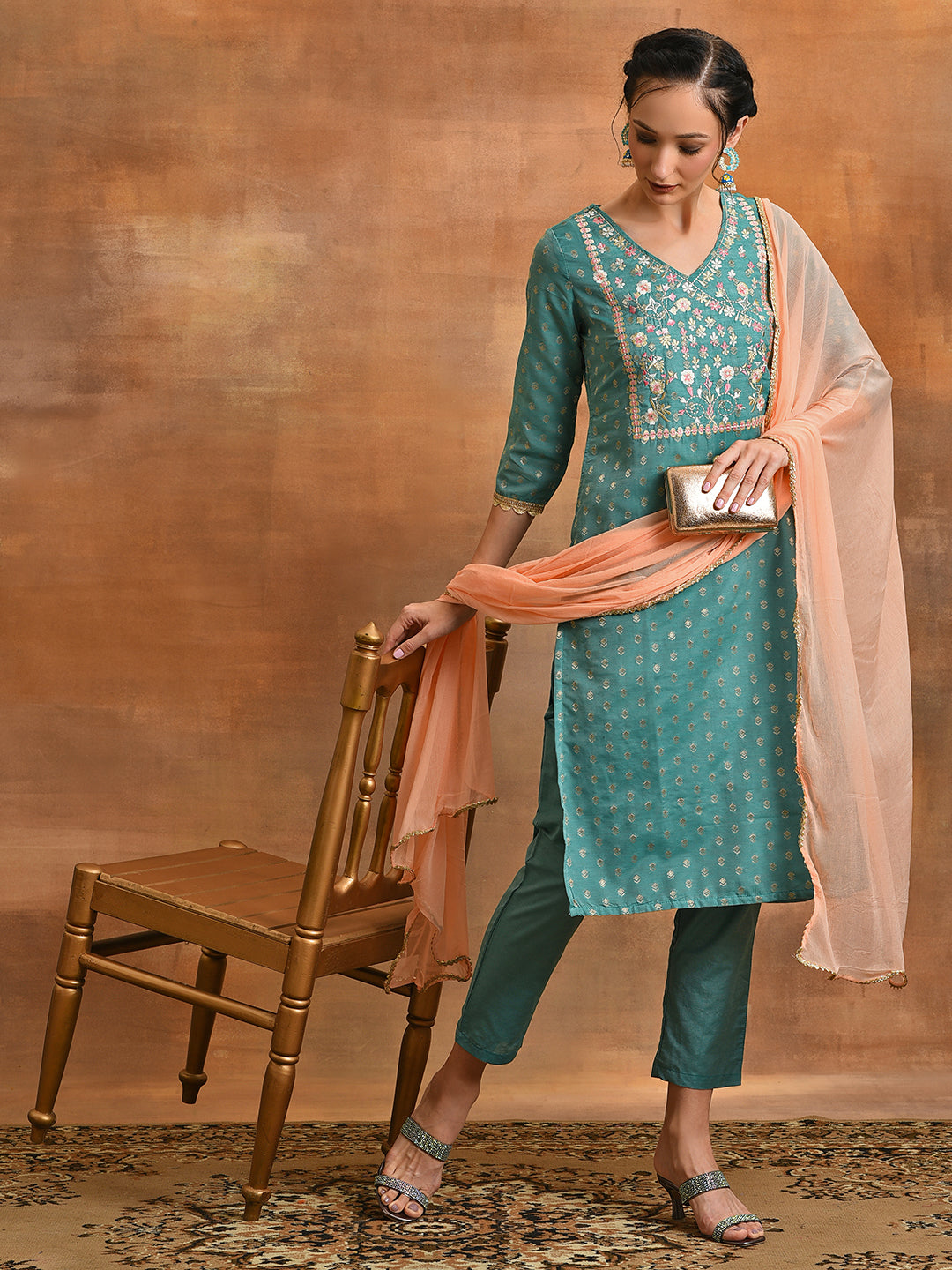 Green Embroidered Kurta Pant With Dupatta