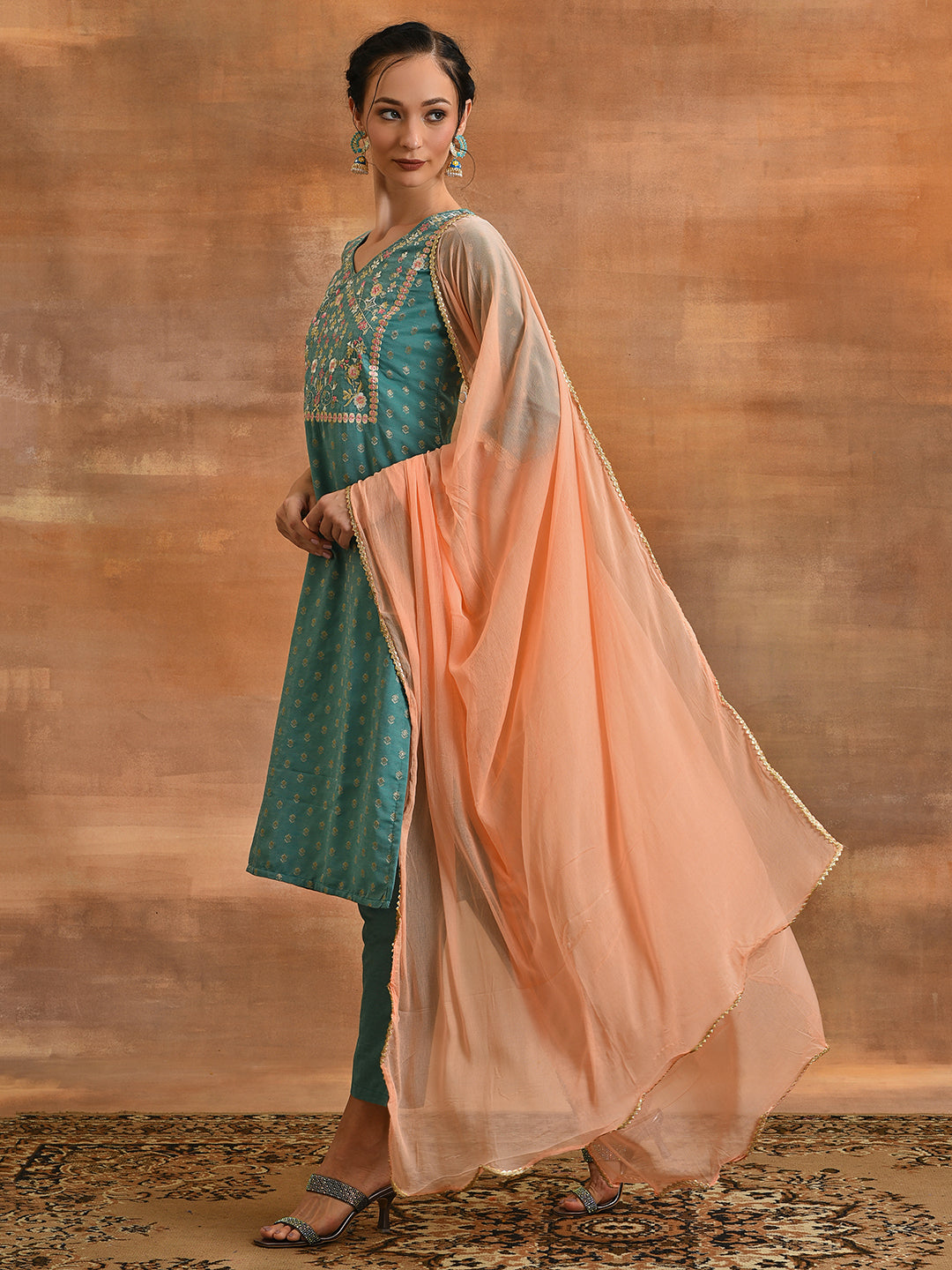 Green Embroidered Kurta Pant With Dupatta