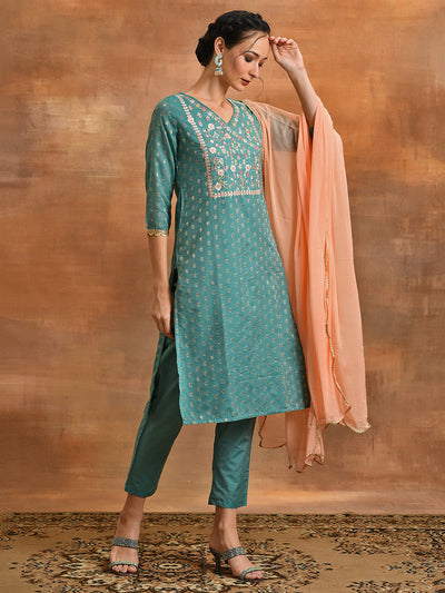 Green Embroidered Kurta Pant With Dupatta