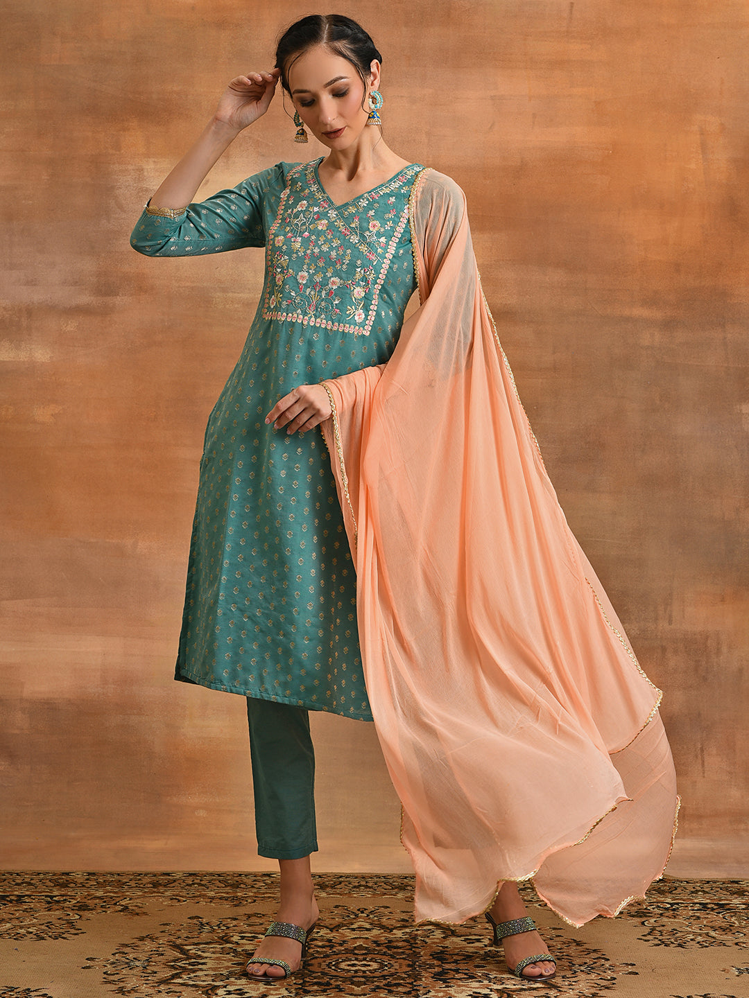 Green Embroidered Kurta Pant With Dupatta