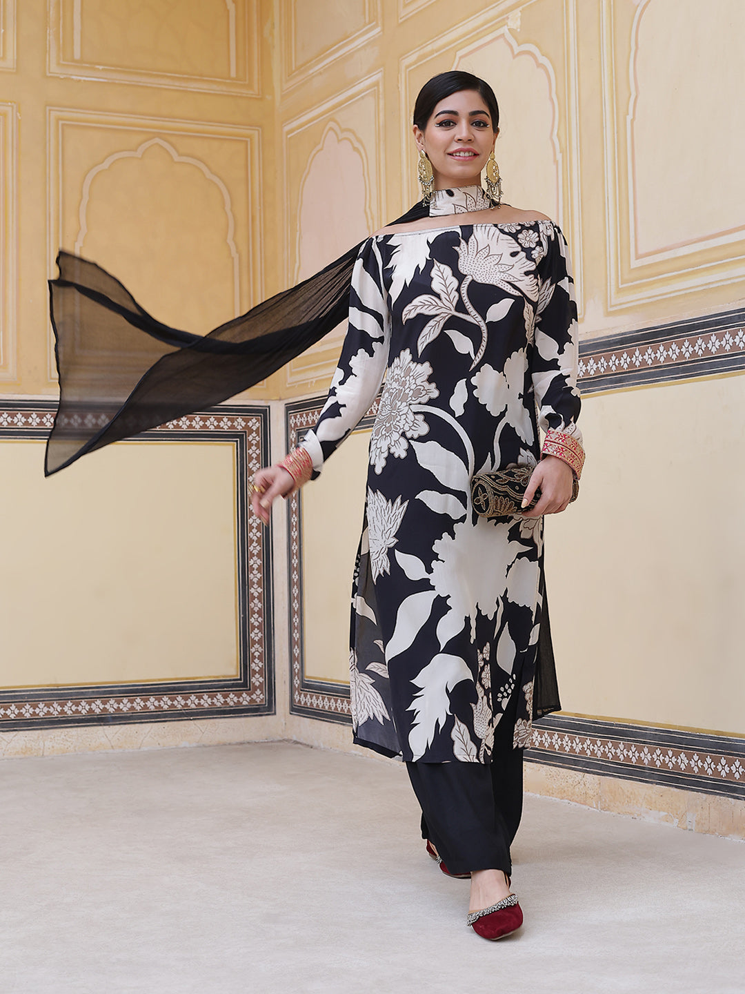 Black Floral Print Kurta Palazzo With Dupatta