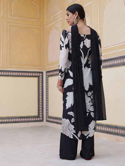 Black Floral Print Kurta Palazzo With Dupatta