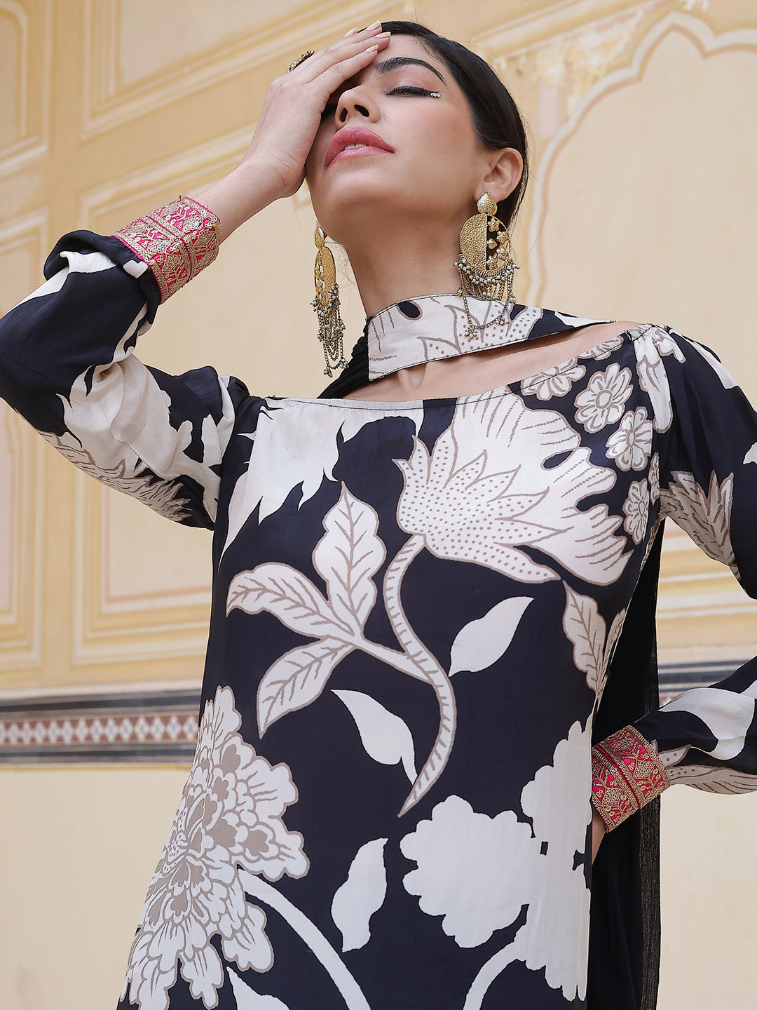 Black Floral Print Kurta Palazzo With Dupatta