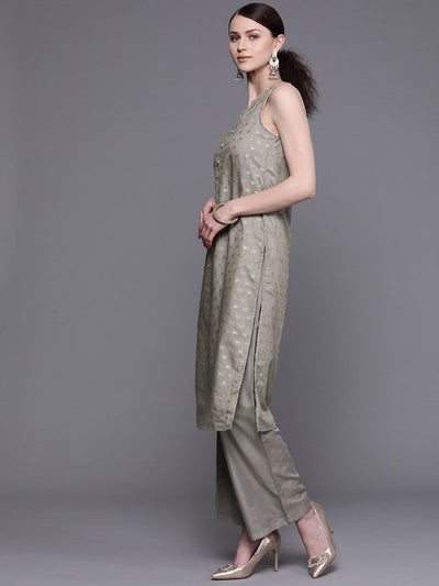 Grey Woven Designed Kurta With Palazzo