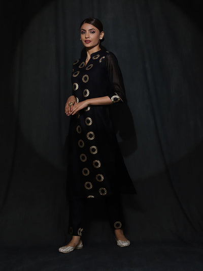 Black Woven Designed Kurta With Pant