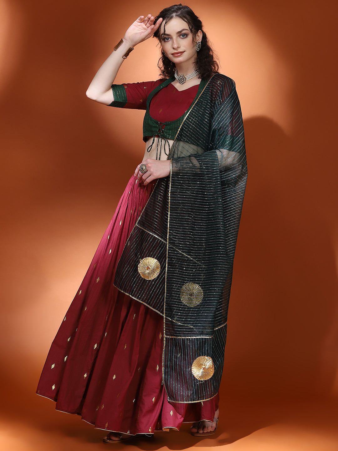 Maroon Woven Designed Lehenga Choli With Dupatta