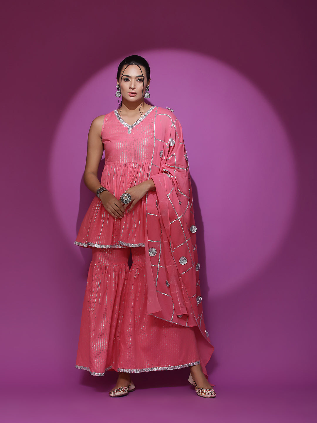 Pink Sequin Kurta Sharara With Dupatta