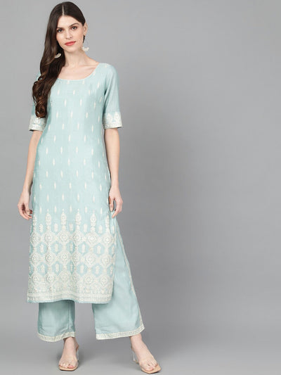 Blue Foil Printed Kurta With Palazzo
