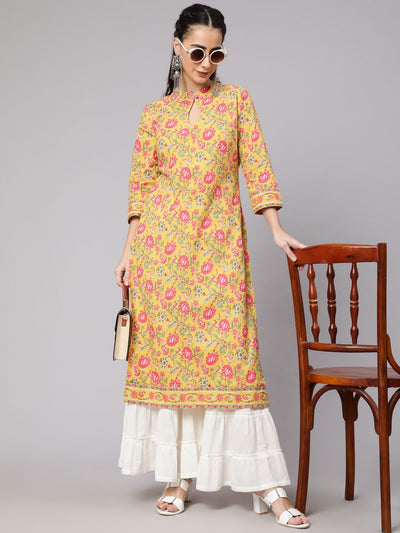 Yellow Floral Print Straight Kurta