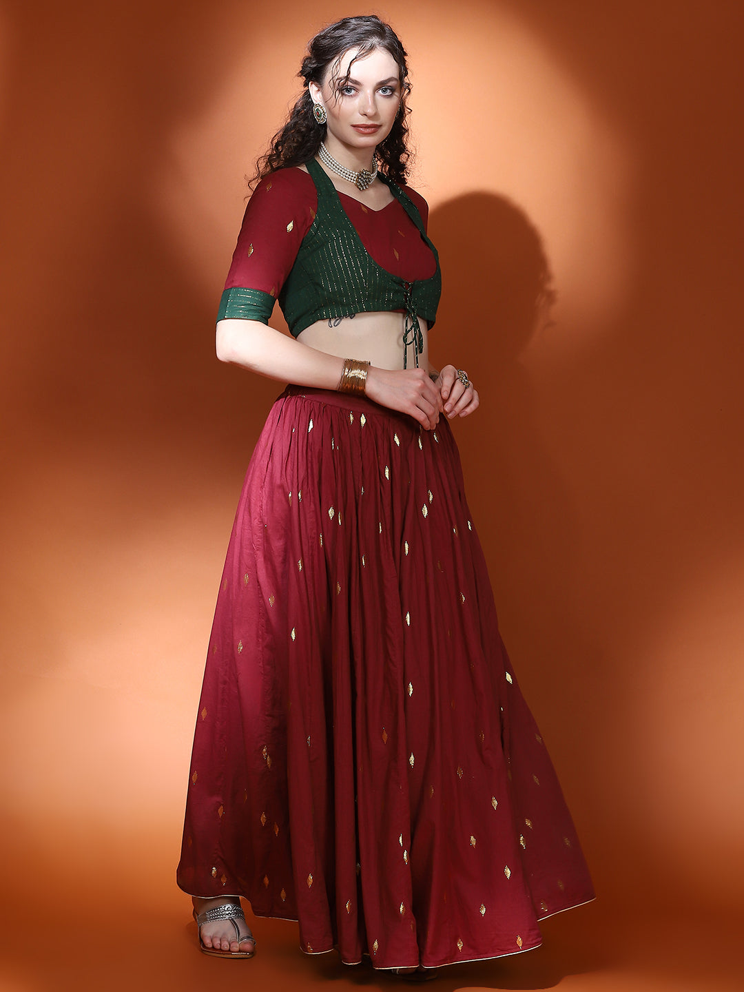 Maroon Woven Designed Lehenga Choli With Dupatta