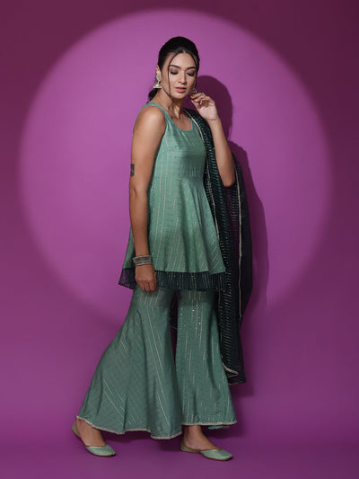 Green Sequin Kurta Sharara With Dupatta