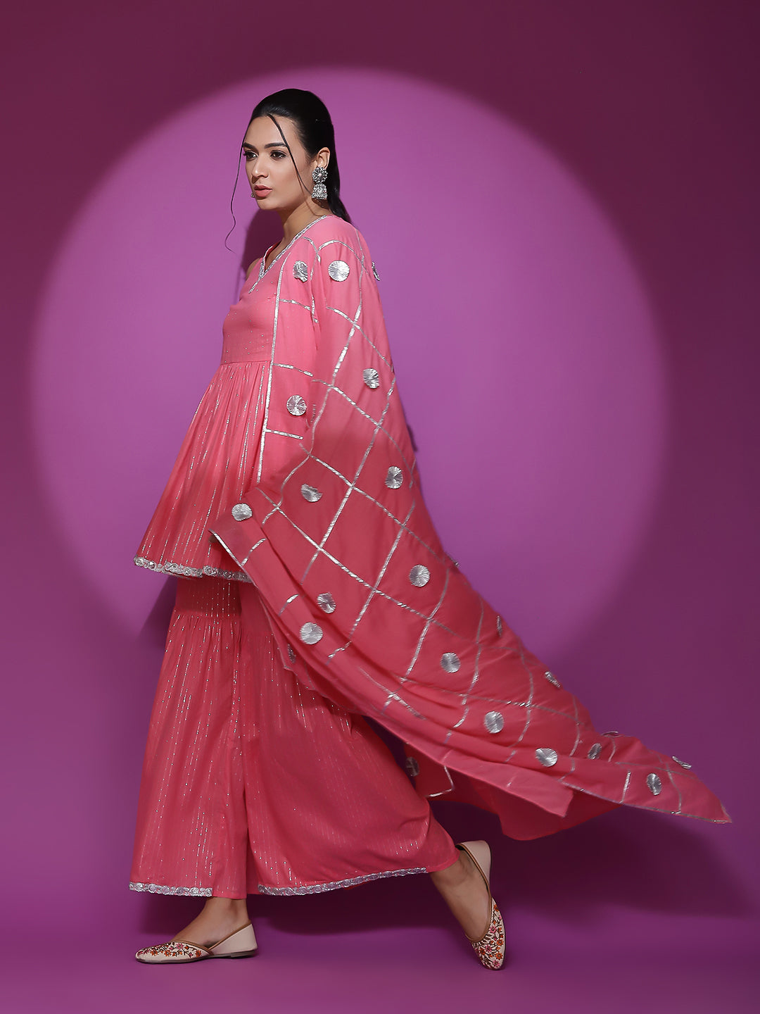 Pink Sequin Kurta Sharara With Dupatta