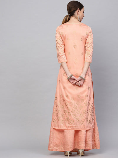 Peach Gold Printed Kurta With Skirt