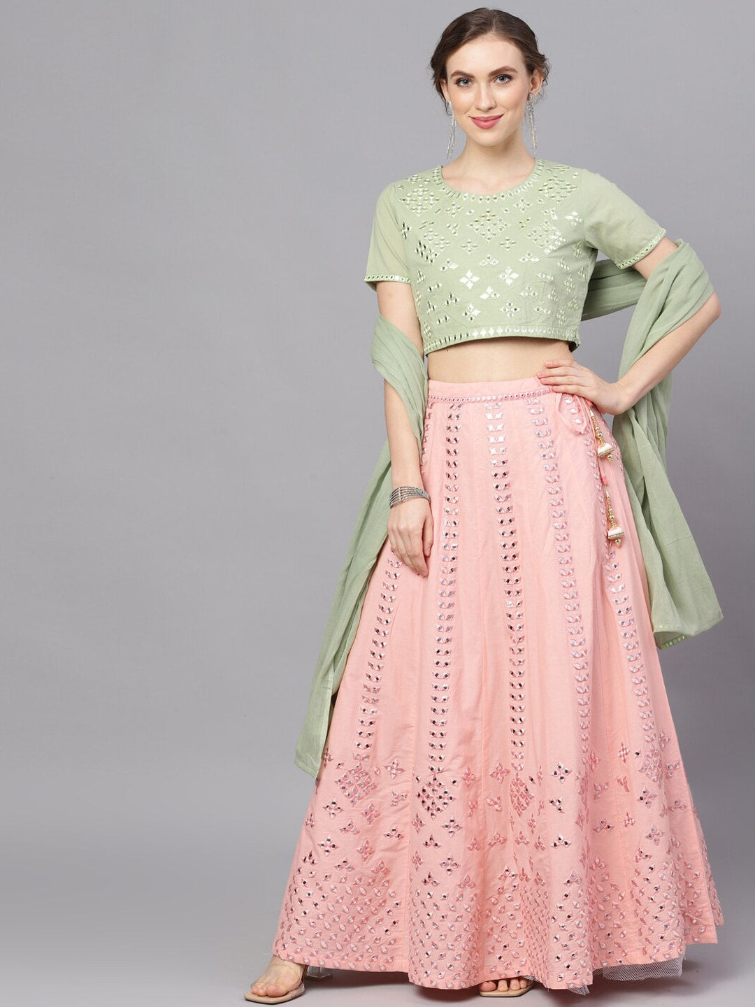 Peach & Green Mirror Work Lehenga Choli With Dupatta