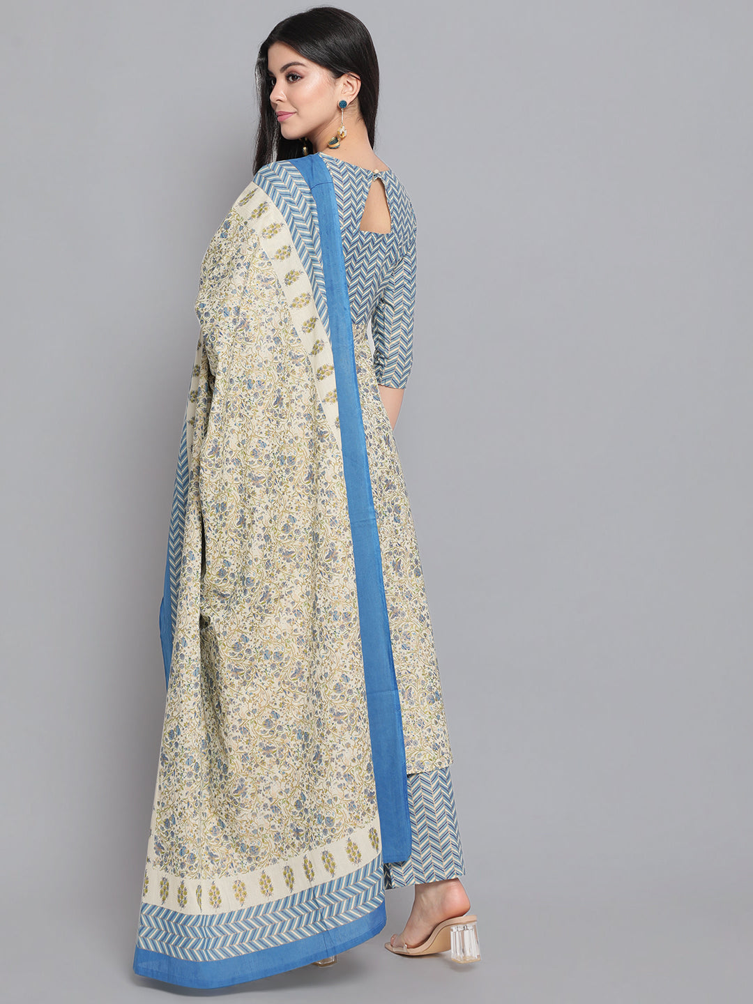 Grey Printed Kurta Palazzo With Dupatta