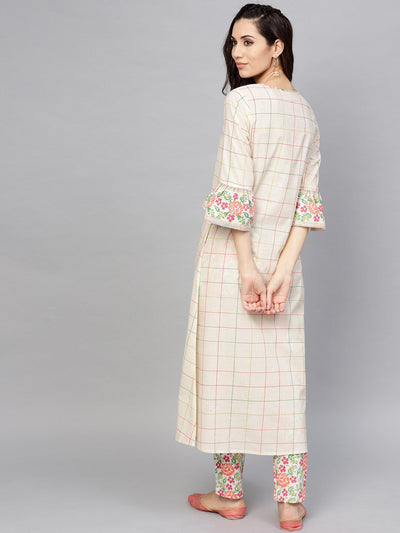 White Checked A-Line Kurta With Ruffle Sleeve