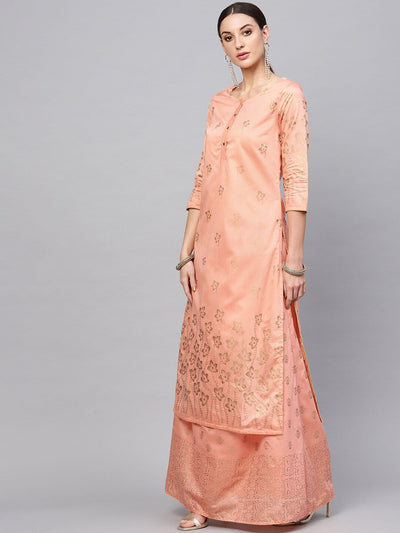 Peach Gold Printed Kurta With Skirt