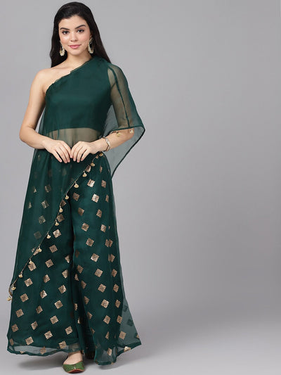 Dark Green Foil Print Lehenga Choli