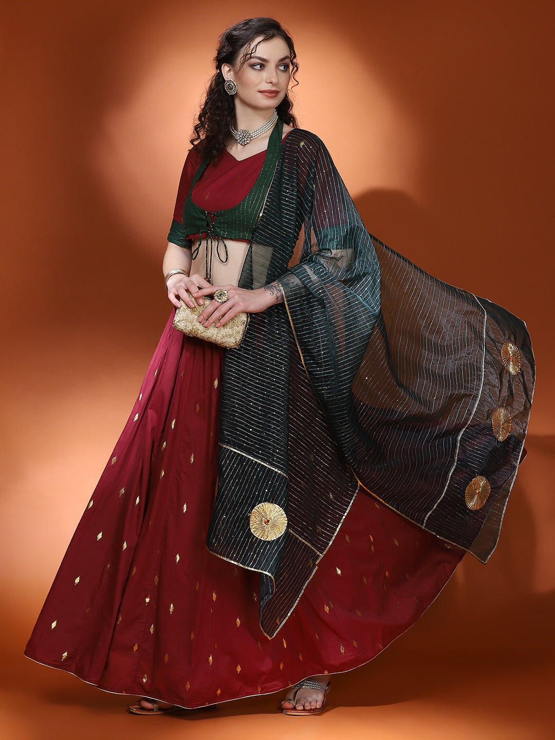 Maroon Woven Designed Lehenga Choli With Dupatta