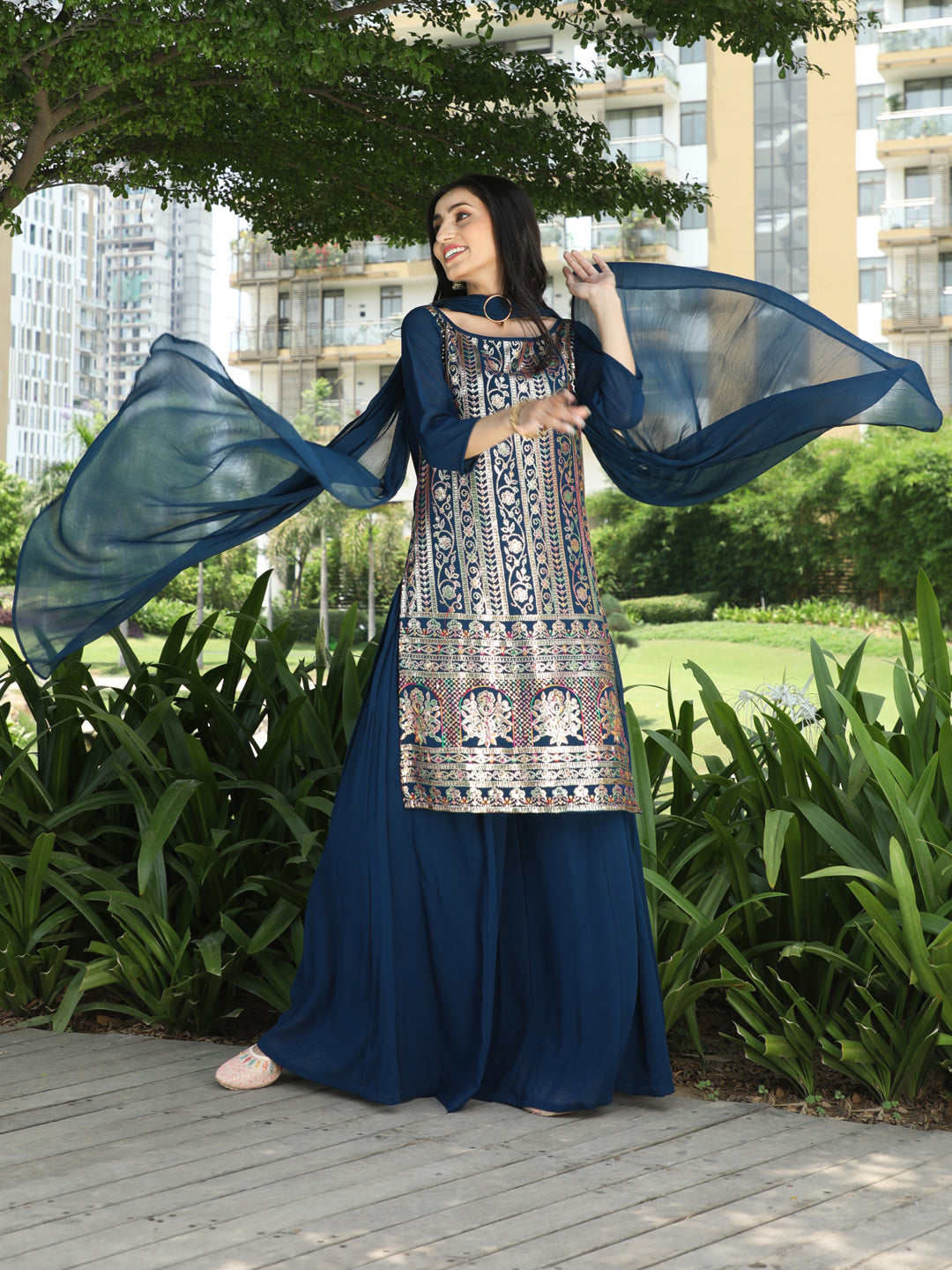 Navy Blue Embellished Straight Kurta With Palazzo