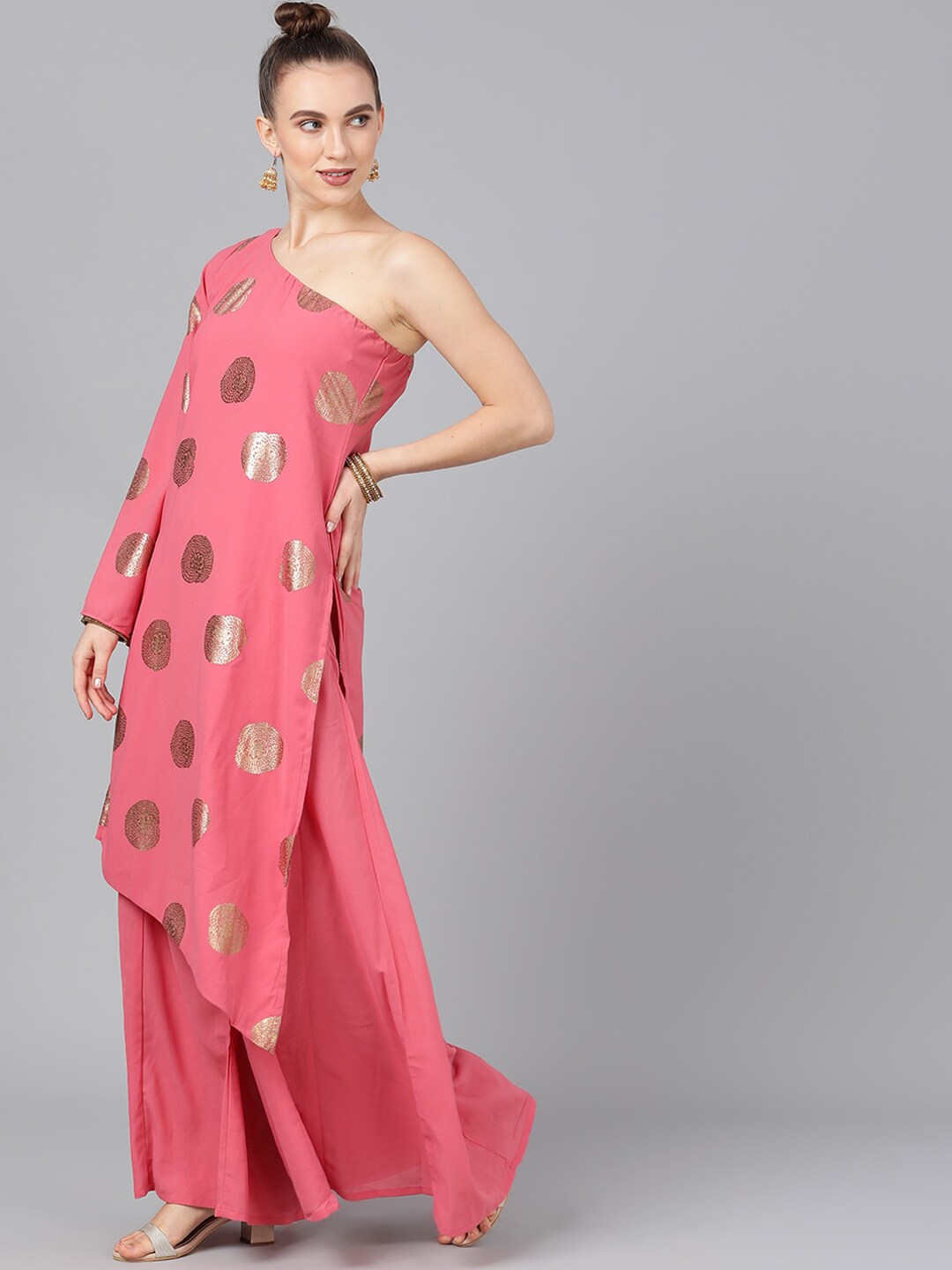 Pink Foil Printed Kurta With Palazzo