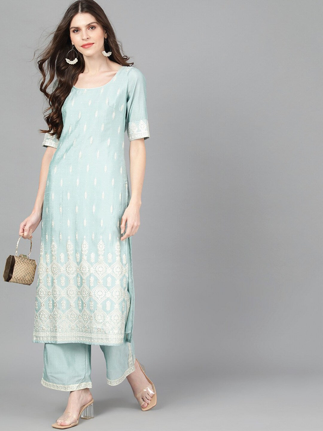 Blue Foil Printed Kurta With Palazzo