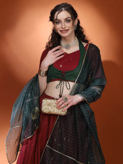 Maroon Woven Designed Lehenga Choli With Dupatta