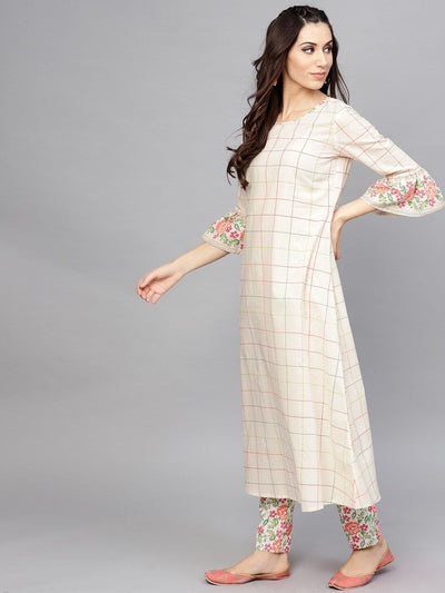 White Checked A-Line Kurta With Ruffle Sleeve