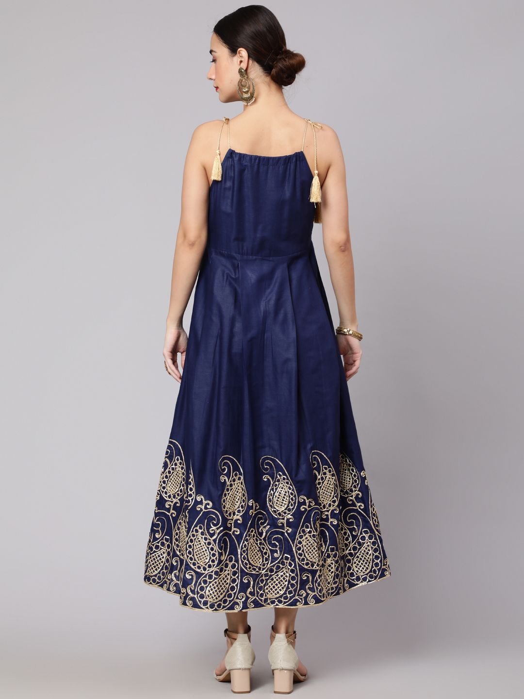 Navy Blue Embroidered Flared Maxi Dress