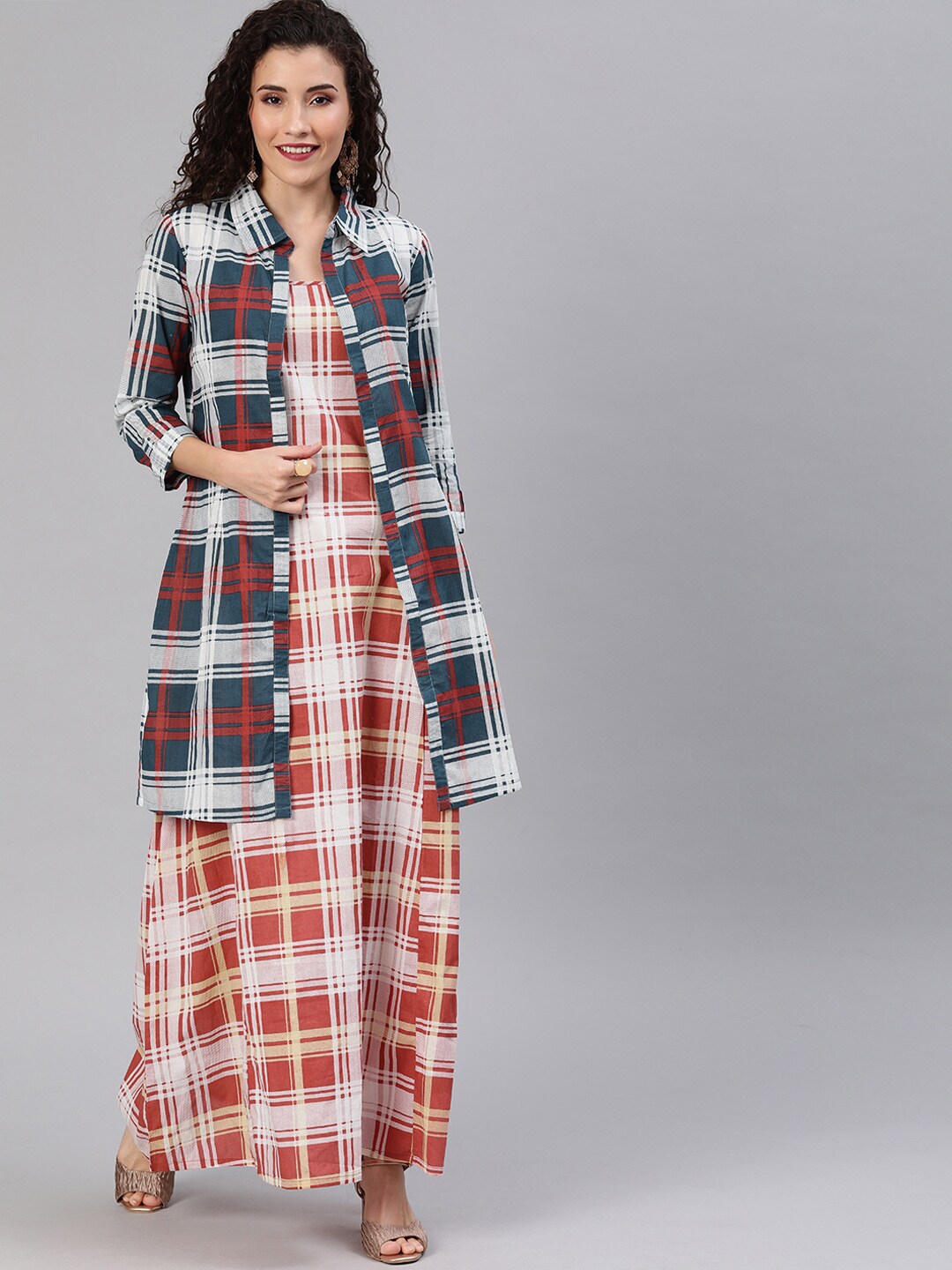 Red Checked Maxi Dress With Jacket