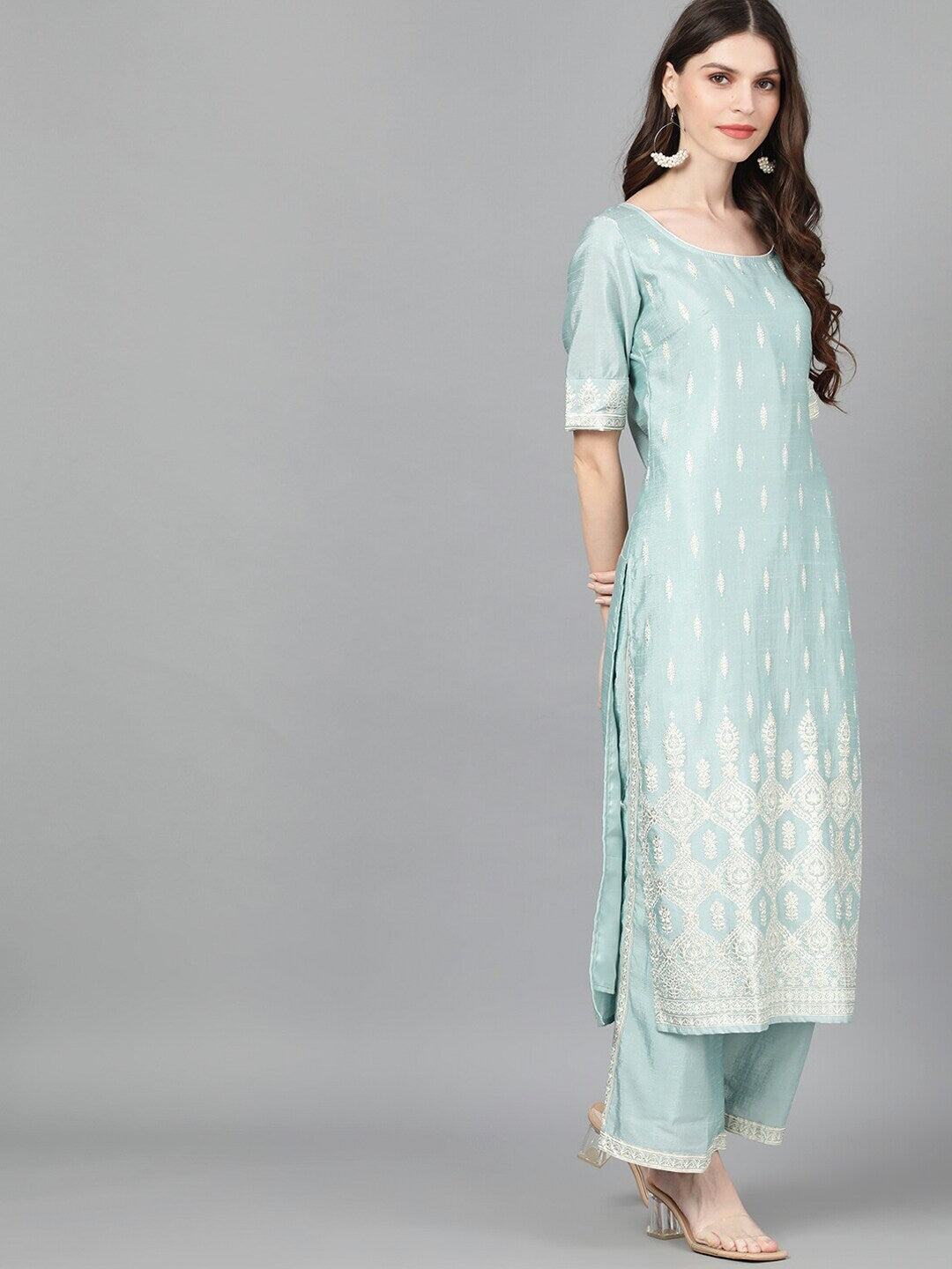 Blue Foil Printed Kurta With Palazzo