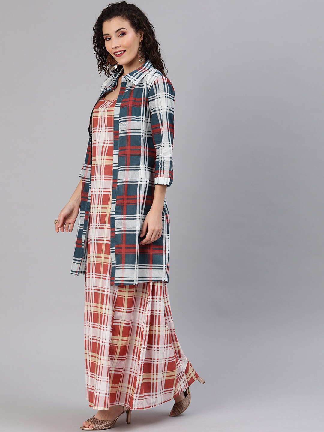 Red Checked Maxi Dress With Jacket
