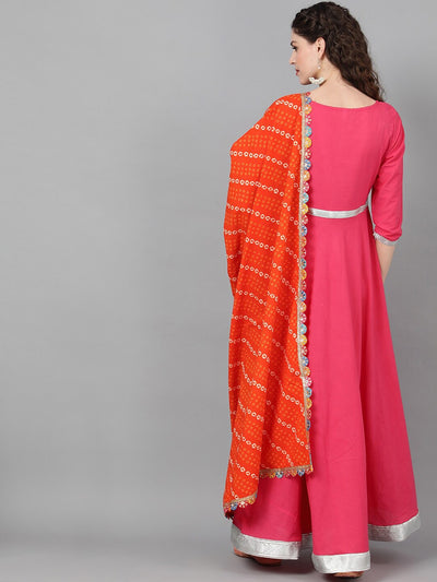 Magenta Maxi Dress With Orange Bandhani Dupatta