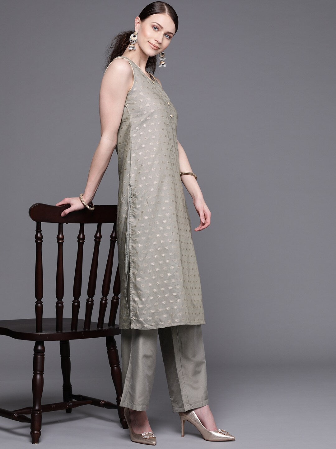 Grey Woven Designed Kurta With Palazzo