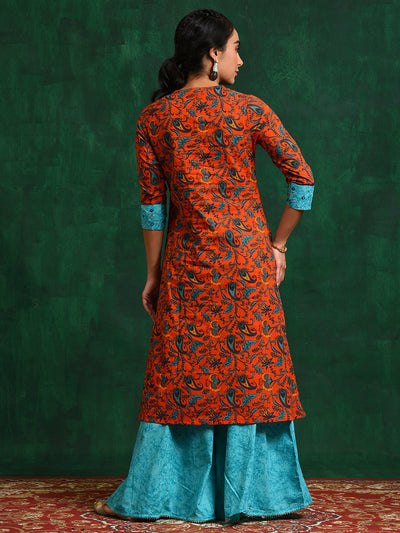 Red Floral A-Line Kurta With Palazzo