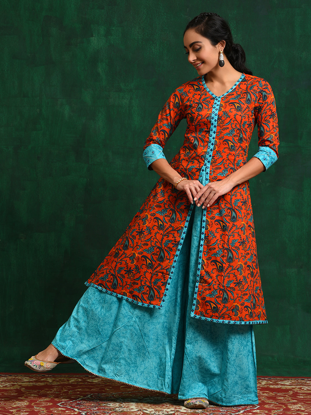 Red Floral A-Line Kurta With Palazzo