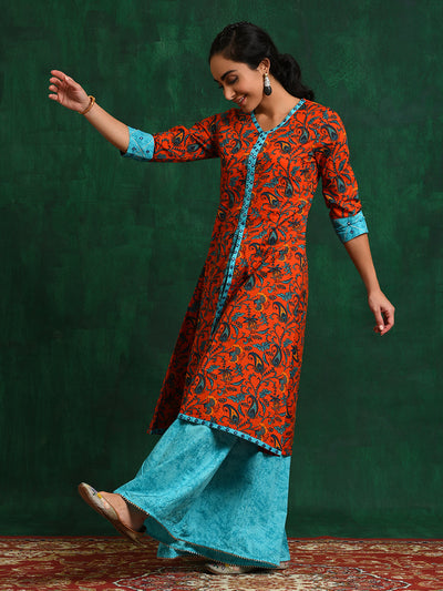 Red Floral A-Line Kurta With Palazzo