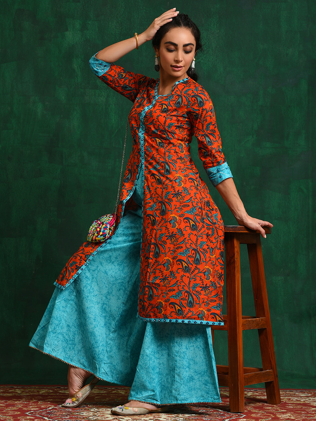 Red Floral A-Line Kurta With Palazzo