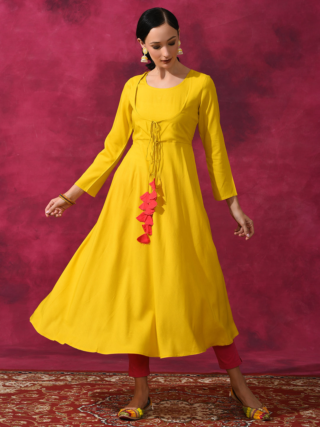 Mustard Flared Anarkali With Tassels