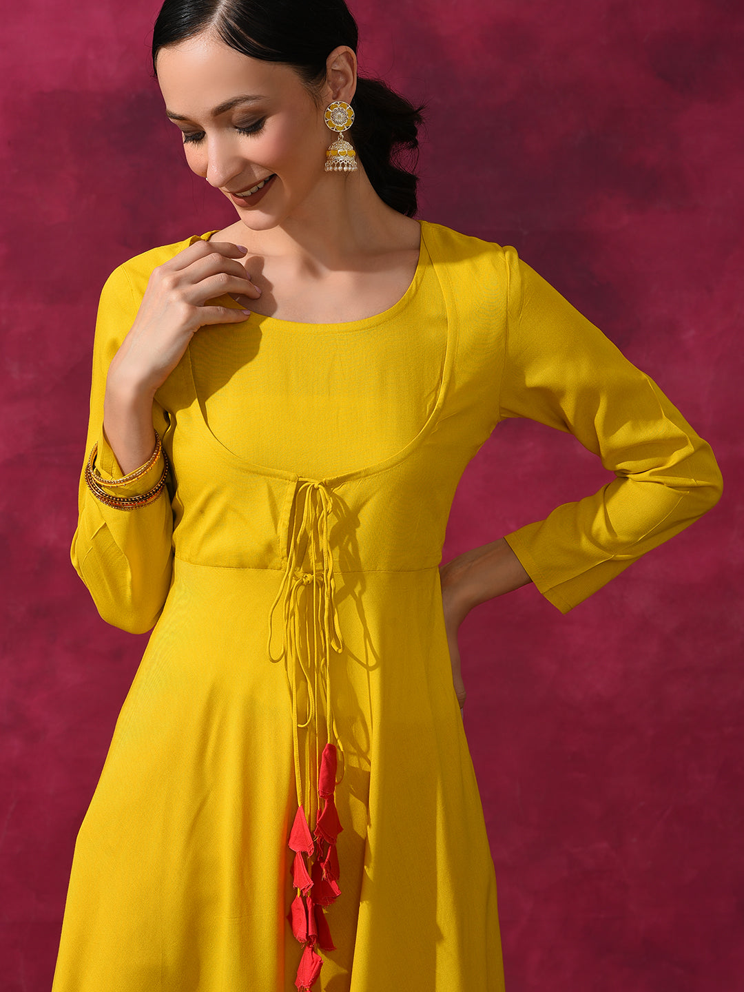 Mustard Flared Anarkali With Tassels