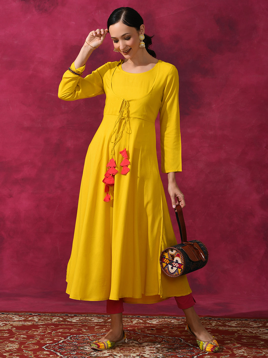 Mustard Flared Anarkali With Tassels