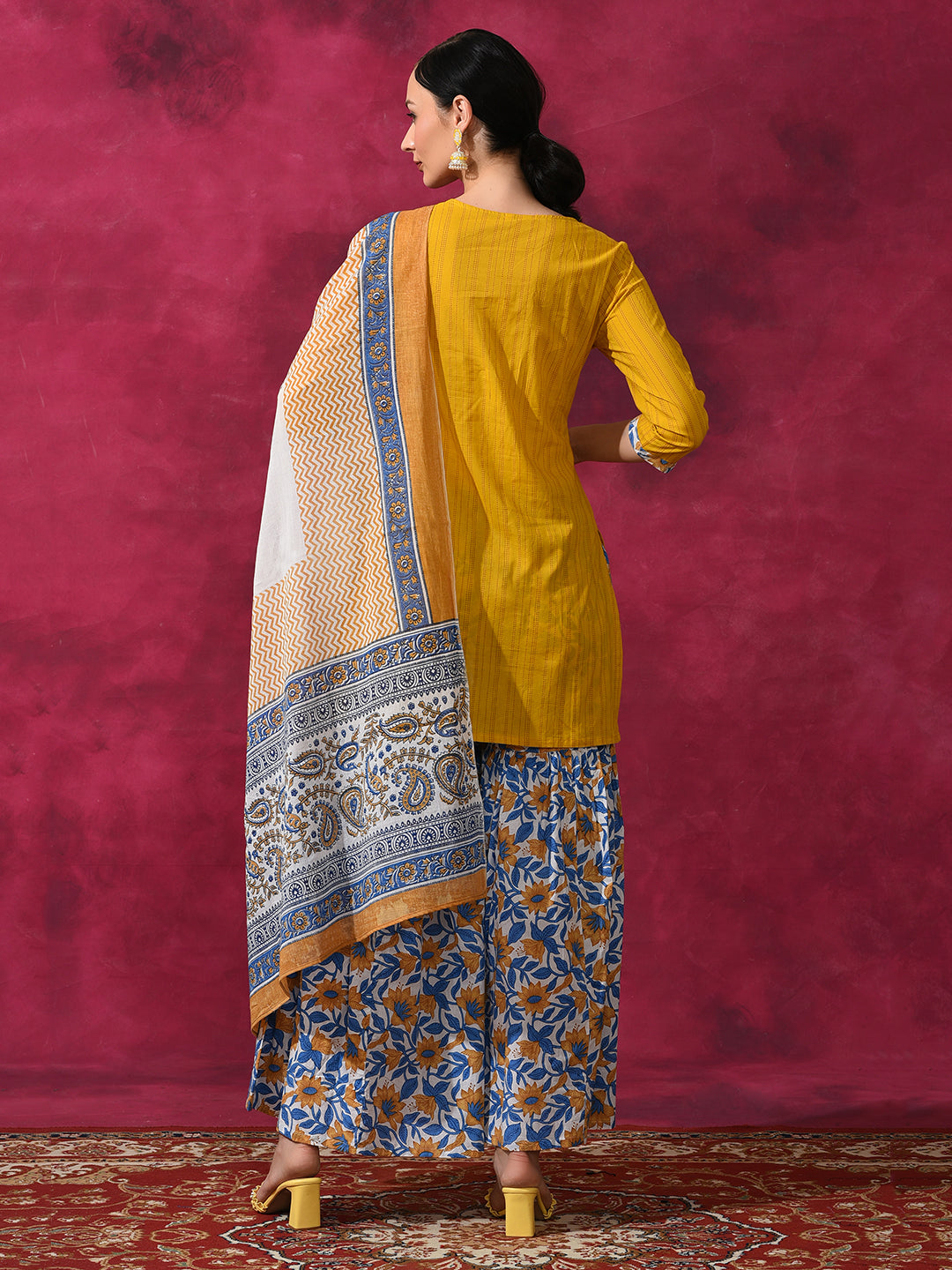 Yellow Floral Print Kurti Sharara With Dupatta