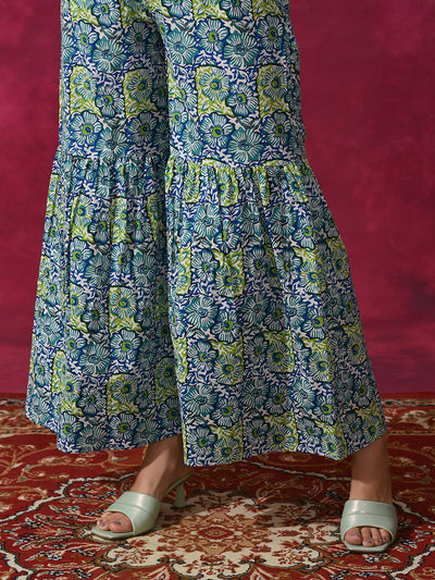 Blue Printed Kurta Sharara With Dupatta